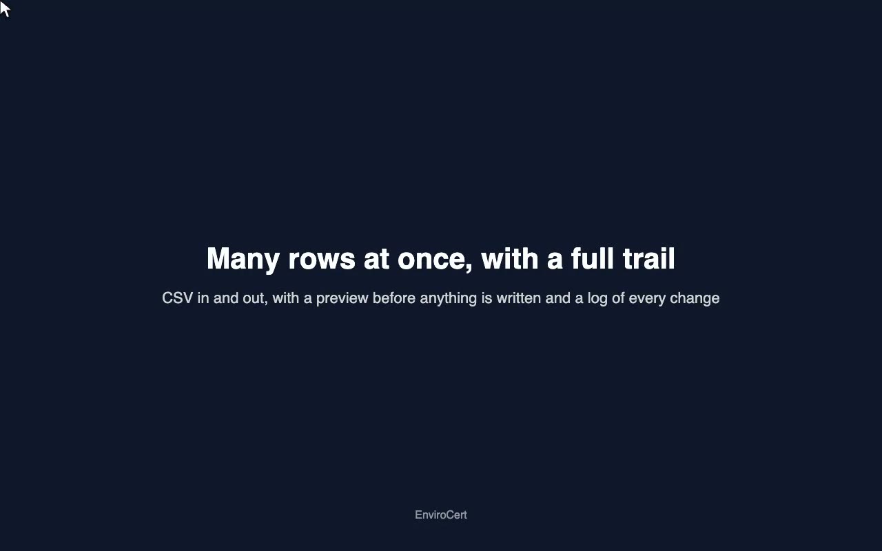 Many rows at once: CSV in and out, with a preview and a full trail